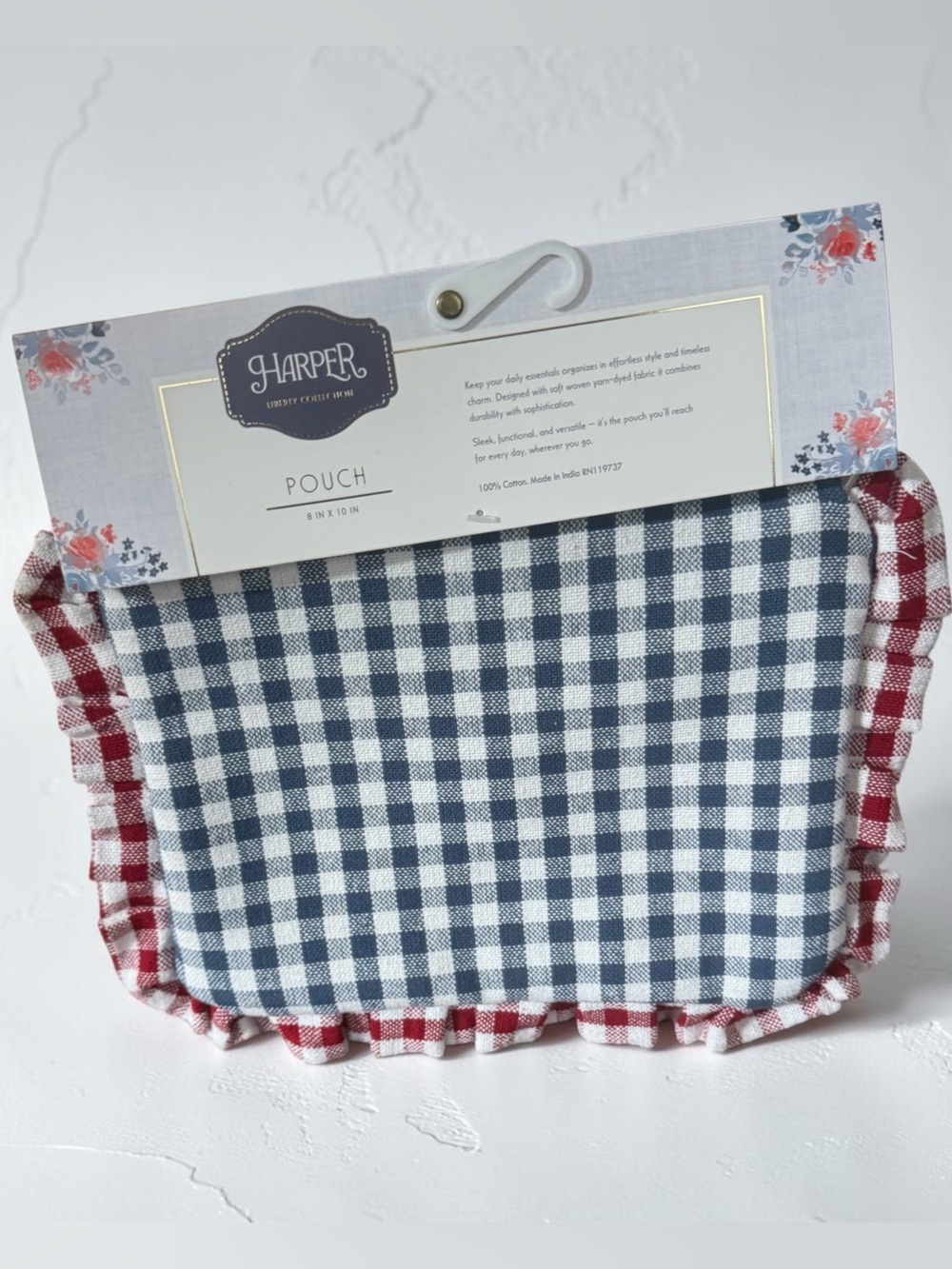 Makeup Bag  Navy and Red Gingham Ruffle Pouch